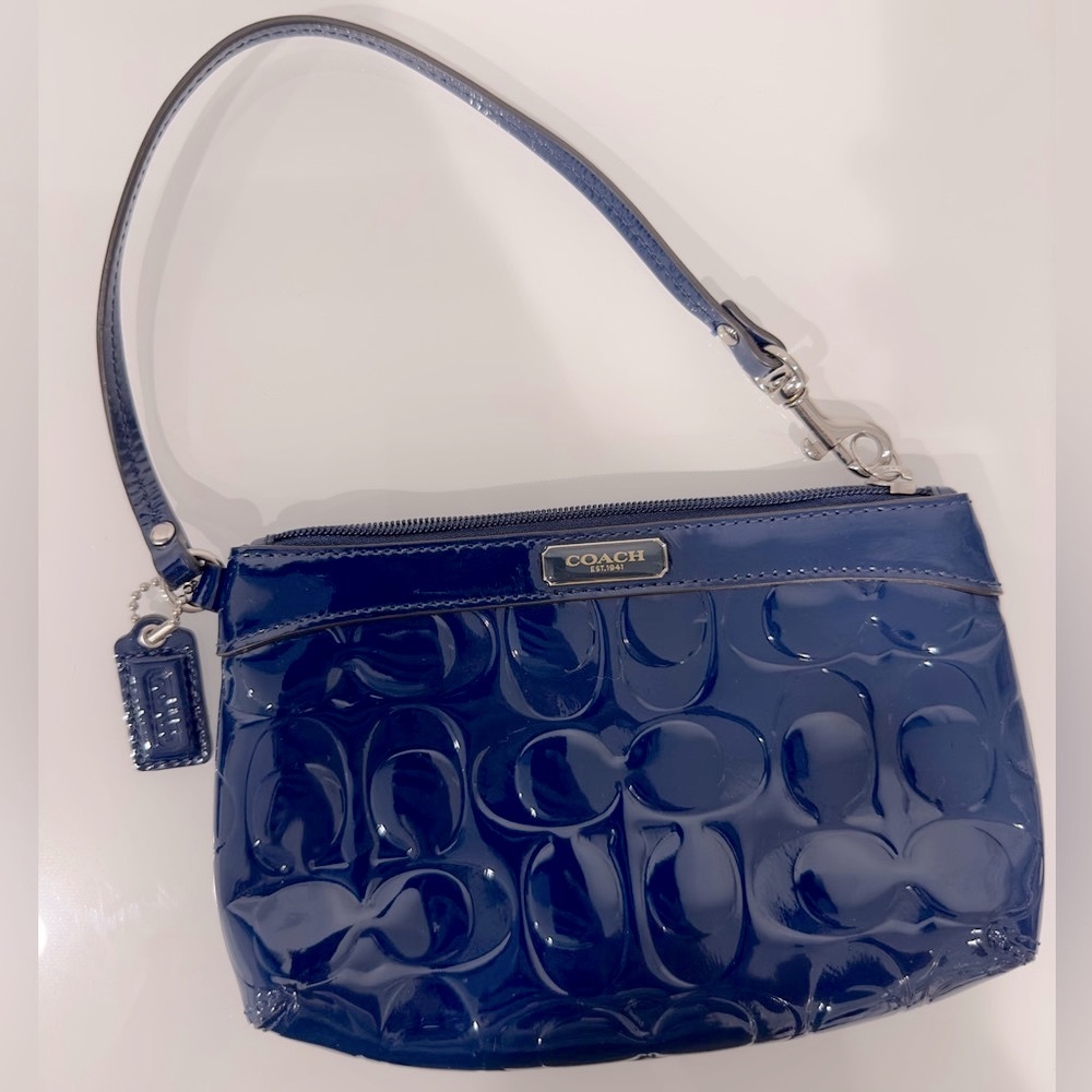 COACH Blue Patent Leather Monogram Wristlet with Dustbag